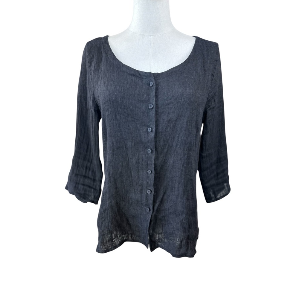 Eileen Fisher Size Medium Black 3/4 sleeve Italian Linen Buttoned Blouse
